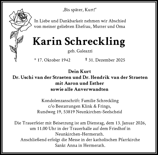 Anzeige von Karin Schreckling von General-Anzeiger Bonn