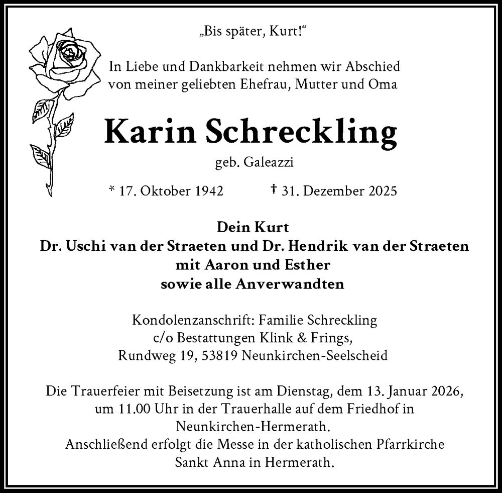 Traueranzeige für Karin Schreckling vom 10.01.2026 aus General-Anzeiger Bonn
