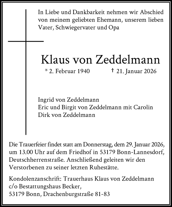 Anzeige von Klaus von Zeddelmann von General-Anzeiger Bonn