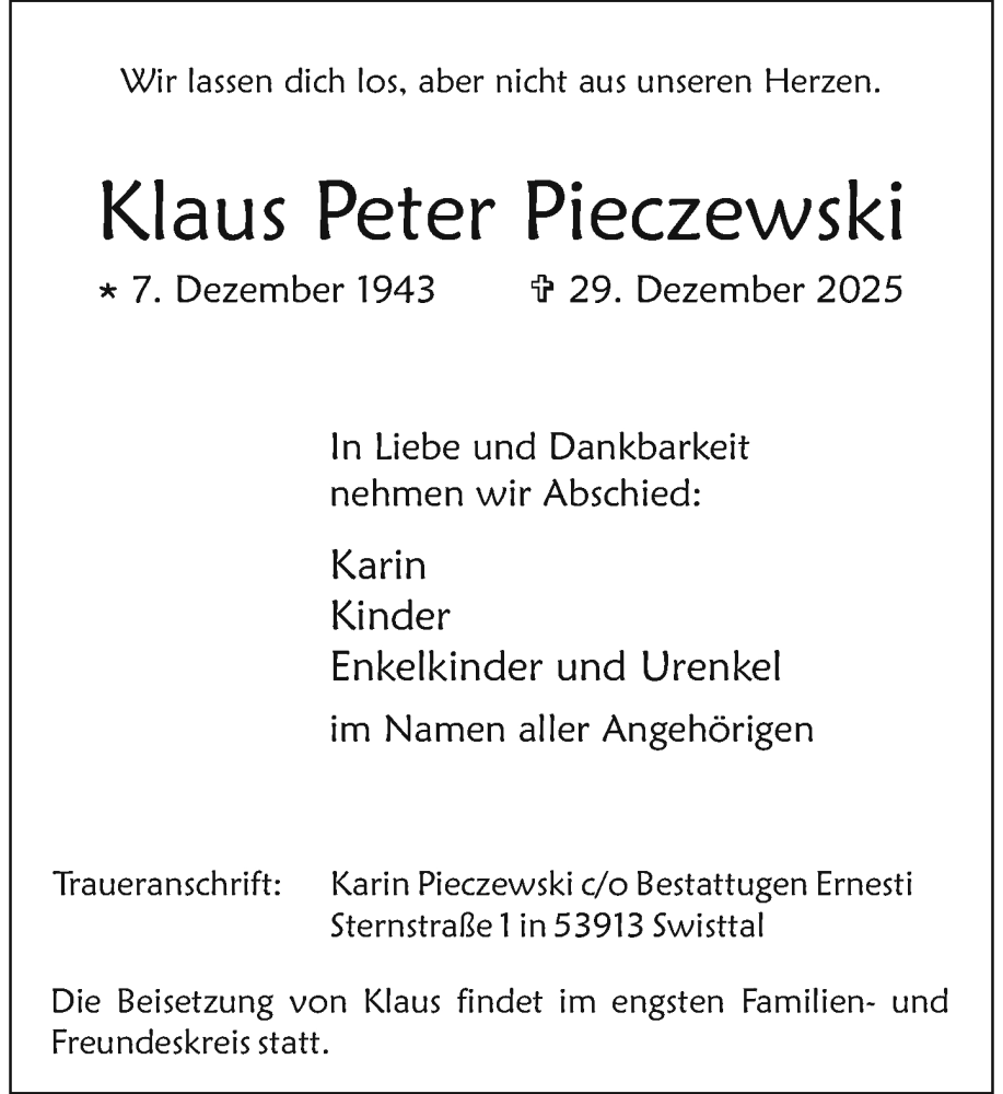  Traueranzeige für Klaus Peter Pieczewski vom 10.01.2026 aus General-Anzeiger Bonn
