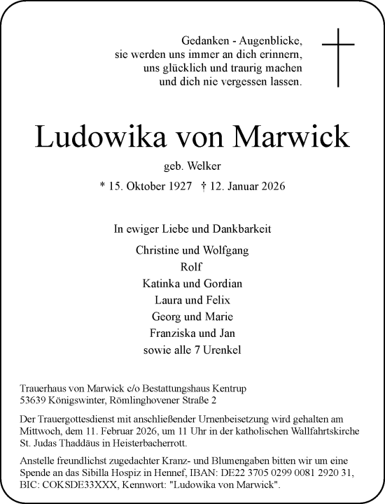 Anzeige von Ludowika von Marwick von General-Anzeiger Bonn