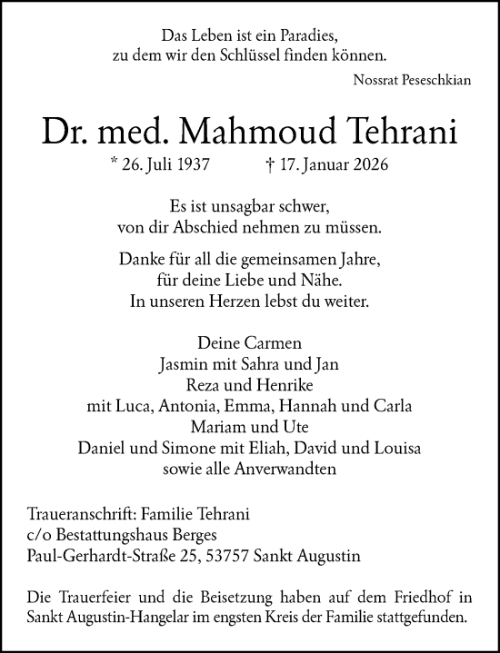 Anzeige von Mahmoud Tehrani von General-Anzeiger Bonn
