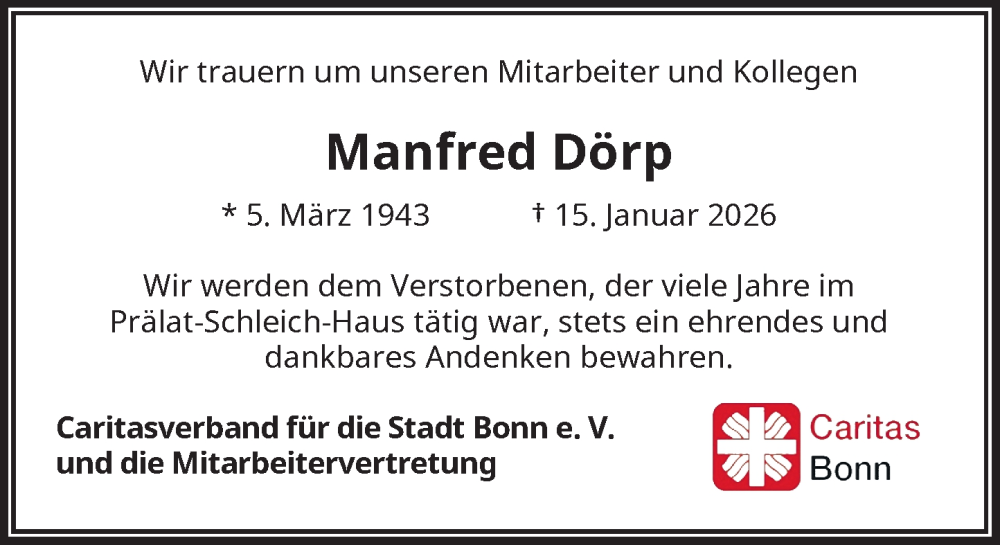  Traueranzeige für Manfred Dörp vom 27.01.2026 aus General-Anzeiger Bonn