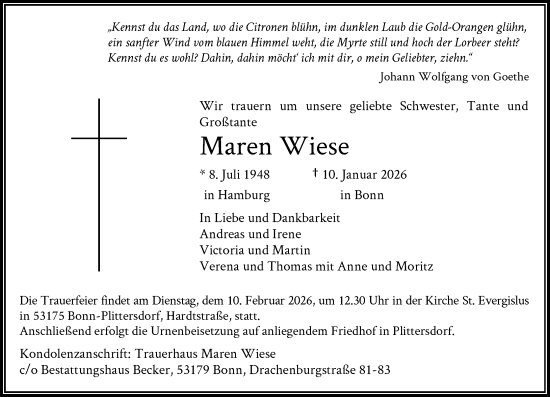 Anzeige von Maren Wiese von General-Anzeiger Bonn