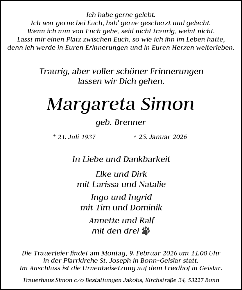  Traueranzeige für Margareta Simon vom 31.01.2026 aus General-Anzeiger Bonn