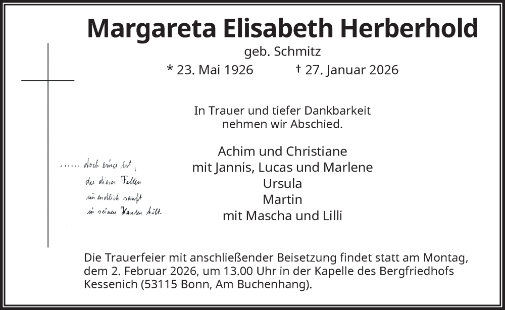  Traueranzeige für Margareta Elisabeth Herberhold vom 31.01.2026 aus General-Anzeiger Bonn