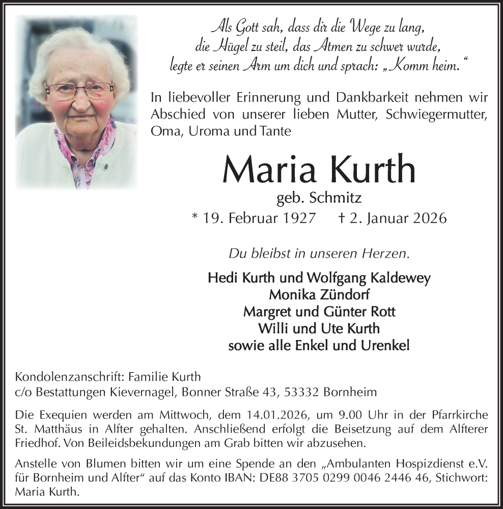  Traueranzeige für Maria Kurth vom 10.01.2026 aus General-Anzeiger Bonn