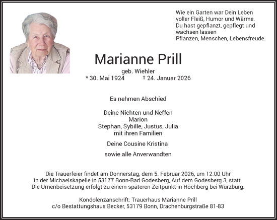 Anzeige von Marianne Prill von General-Anzeiger Bonn
