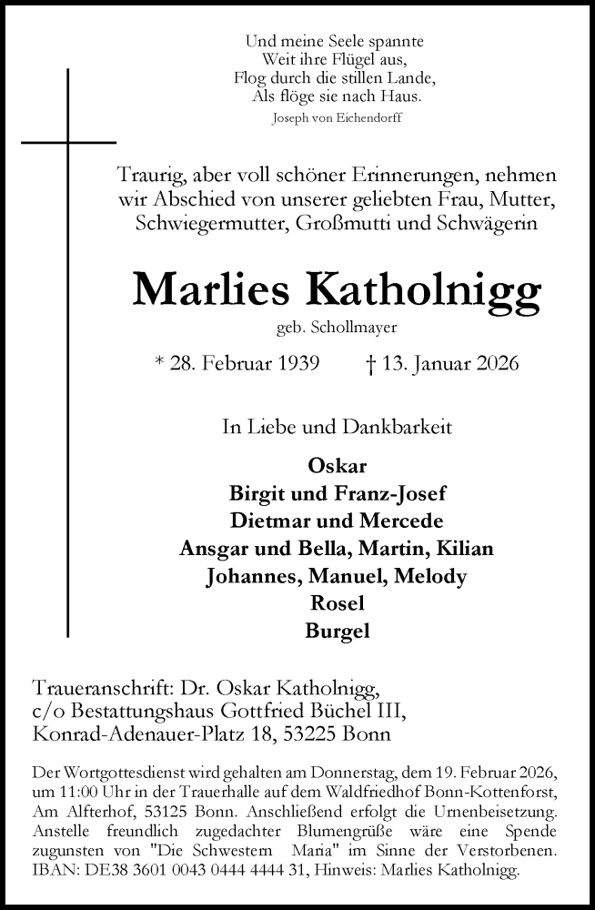  Traueranzeige für Marlies Katholnigg vom 24.01.2026 aus General-Anzeiger Bonn