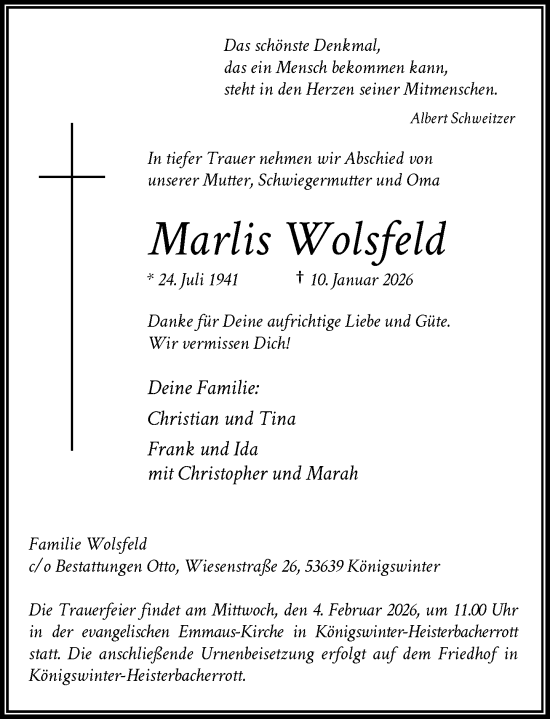 Anzeige von Marlis Wolsfeld von General-Anzeiger Bonn