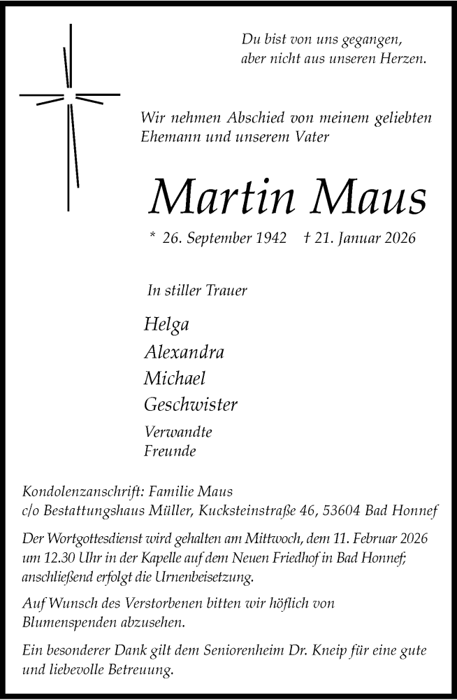  Traueranzeige für Martin Maus vom 31.01.2026 aus General-Anzeiger Bonn