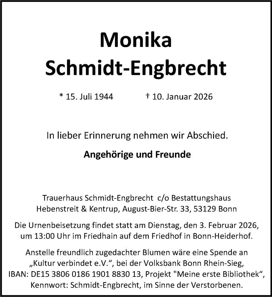  Traueranzeige für Monika Schmidt-Engbrecht vom 17.01.2026 aus General-Anzeiger Bonn