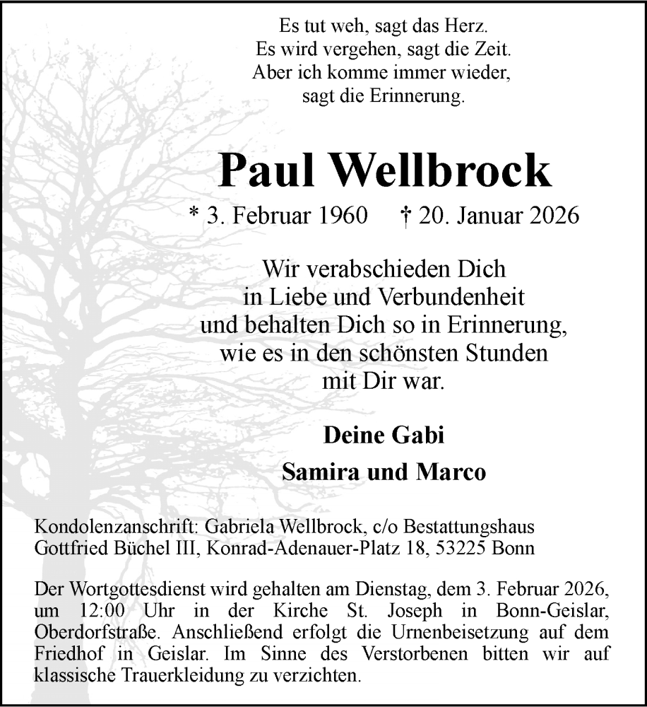  Traueranzeige für Paul Wellbrock vom 24.01.2026 aus General-Anzeiger Bonn