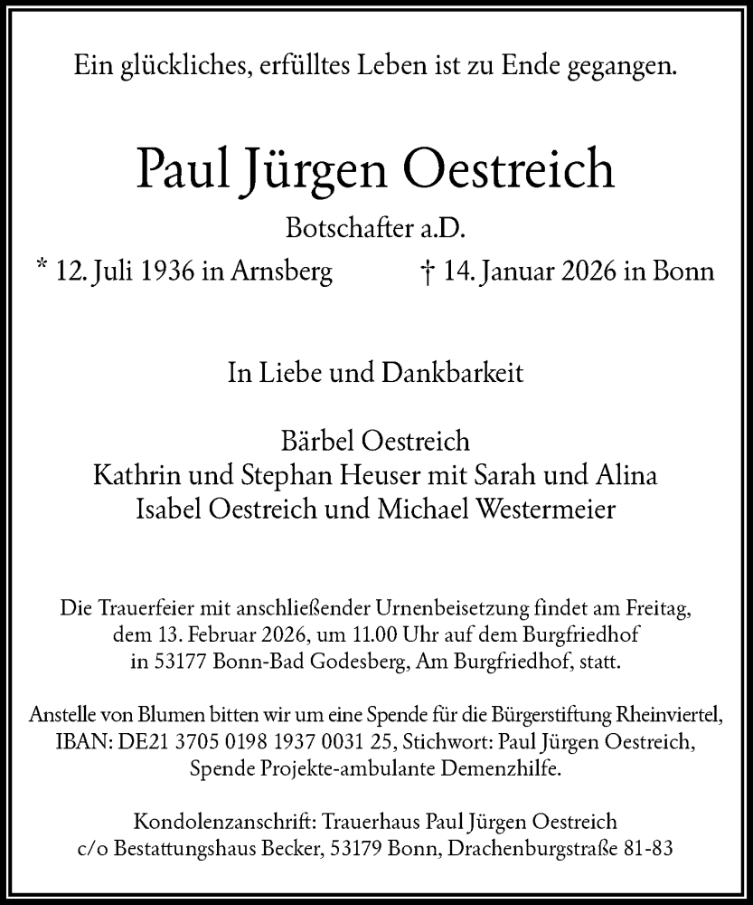 Traueranzeige für Paul Jürgen Oestreich vom 17.01.2026 aus General-Anzeiger Bonn