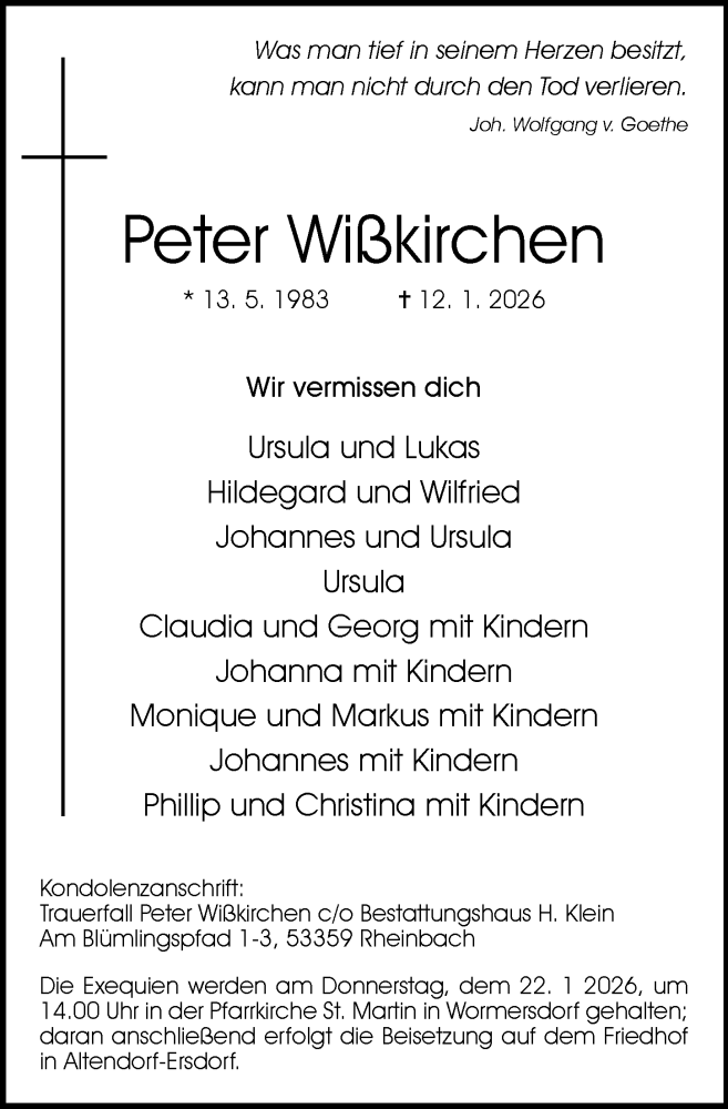  Traueranzeige für Peter Wißkirchen vom 17.01.2026 aus General-Anzeiger Bonn