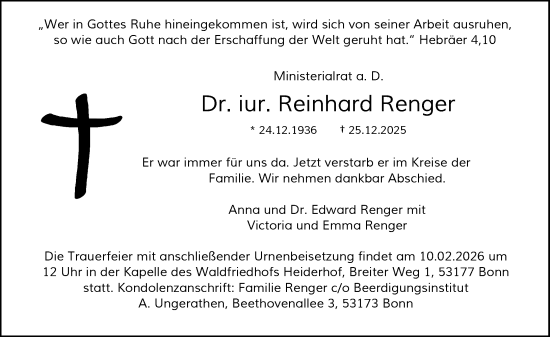 Anzeige von Reinhard Renger von General-Anzeiger Bonn