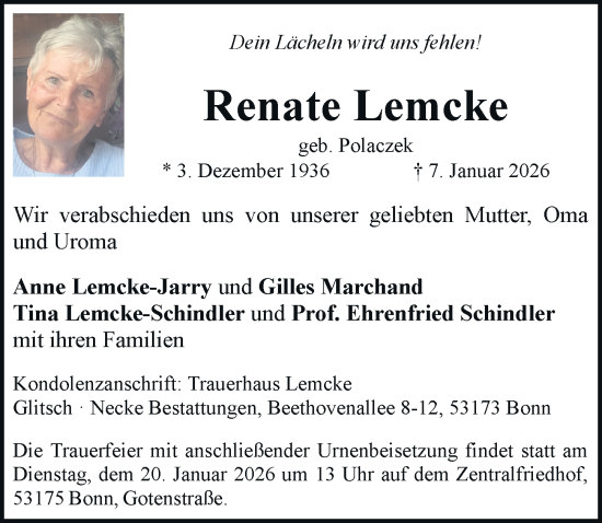 Anzeige von Renate Lemcke von General-Anzeiger Bonn