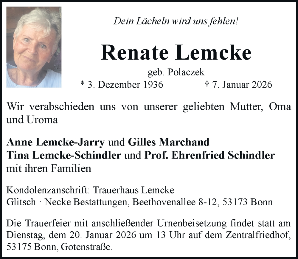  Traueranzeige für Renate Lemcke vom 17.01.2026 aus General-Anzeiger Bonn