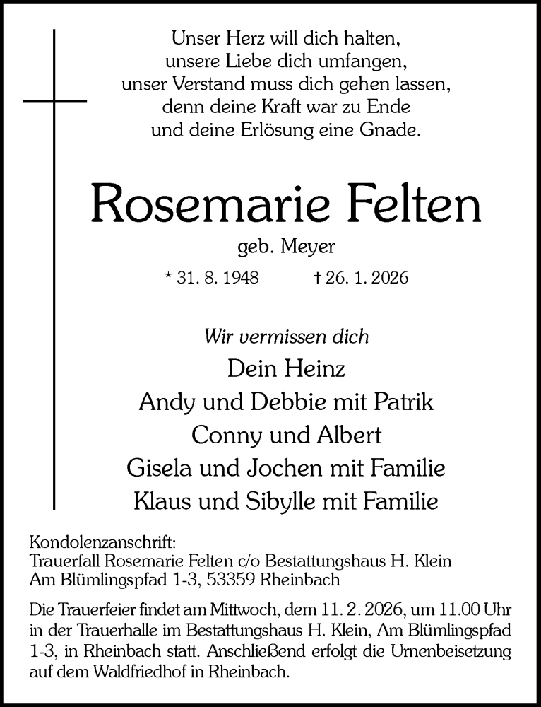  Traueranzeige für Rosemarie Felten vom 31.01.2026 aus General-Anzeiger Bonn