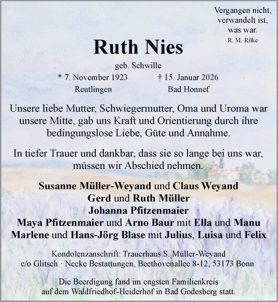  Traueranzeige für Ruth Nies vom 31.01.2026 aus General-Anzeiger Bonn