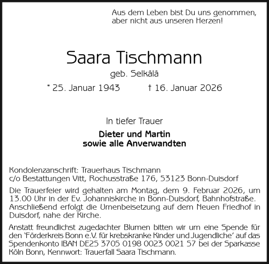 Anzeige von Saara Tischmann von General-Anzeiger Bonn