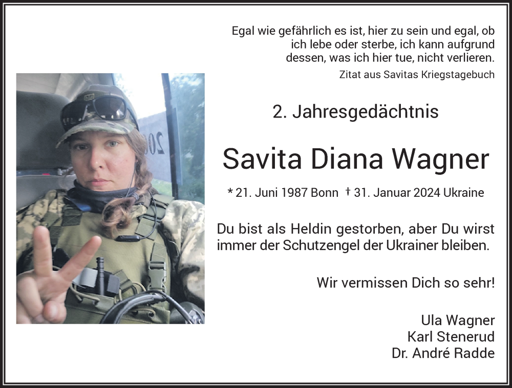  Traueranzeige für Savita Diana Wagner vom 31.01.2026 aus General-Anzeiger Bonn
