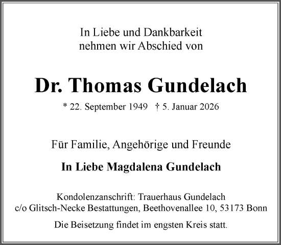 Anzeige von Thomas Gundelach von General-Anzeiger Bonn