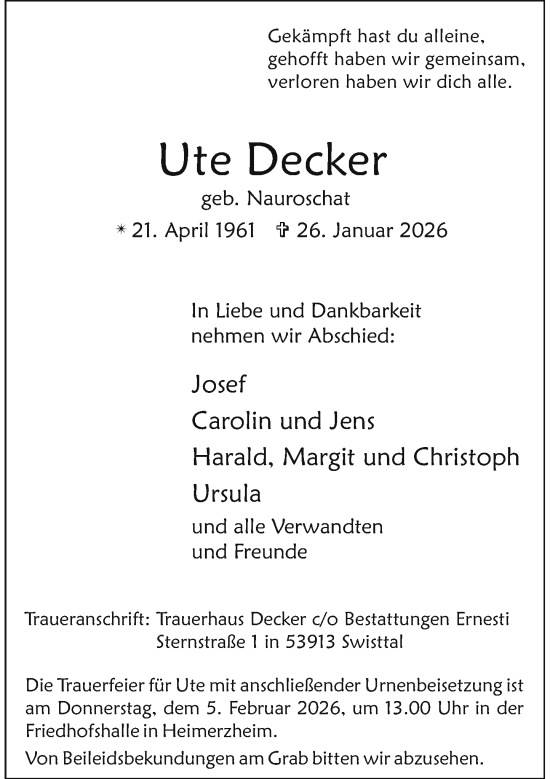 Anzeige von Ute Decker von General-Anzeiger Bonn
