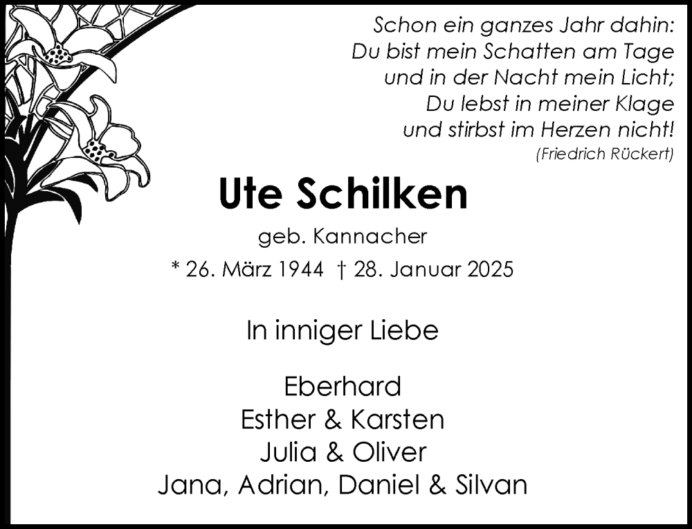  Traueranzeige für Ute Schilken vom 28.01.2026 aus General-Anzeiger Bonn