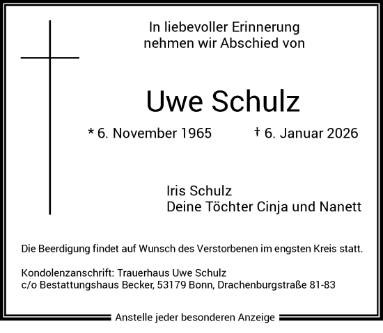 Anzeige von Uwe Schulz von General-Anzeiger Bonn