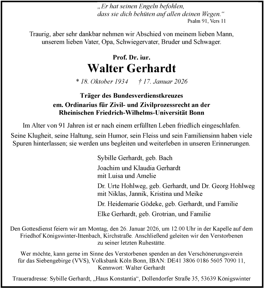  Traueranzeige für Walter Gerhardt vom 24.01.2026 aus General-Anzeiger Bonn