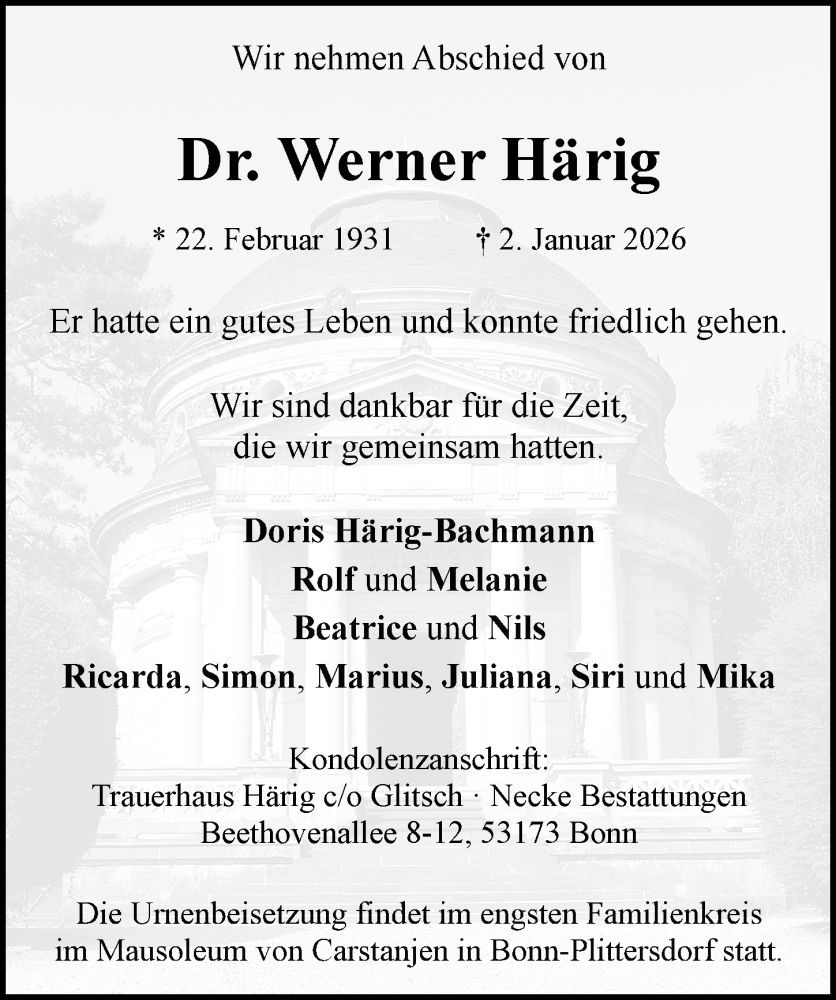  Traueranzeige für Werner Härig vom 10.01.2026 aus General-Anzeiger Bonn