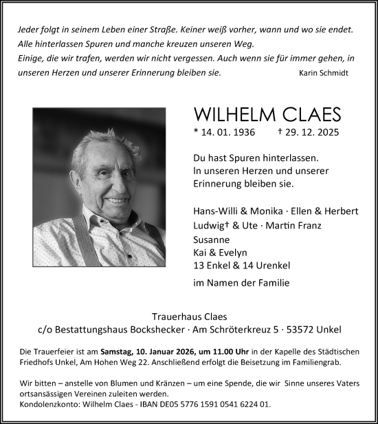 Anzeige von Wilhelm Claes von General-Anzeiger Bonn