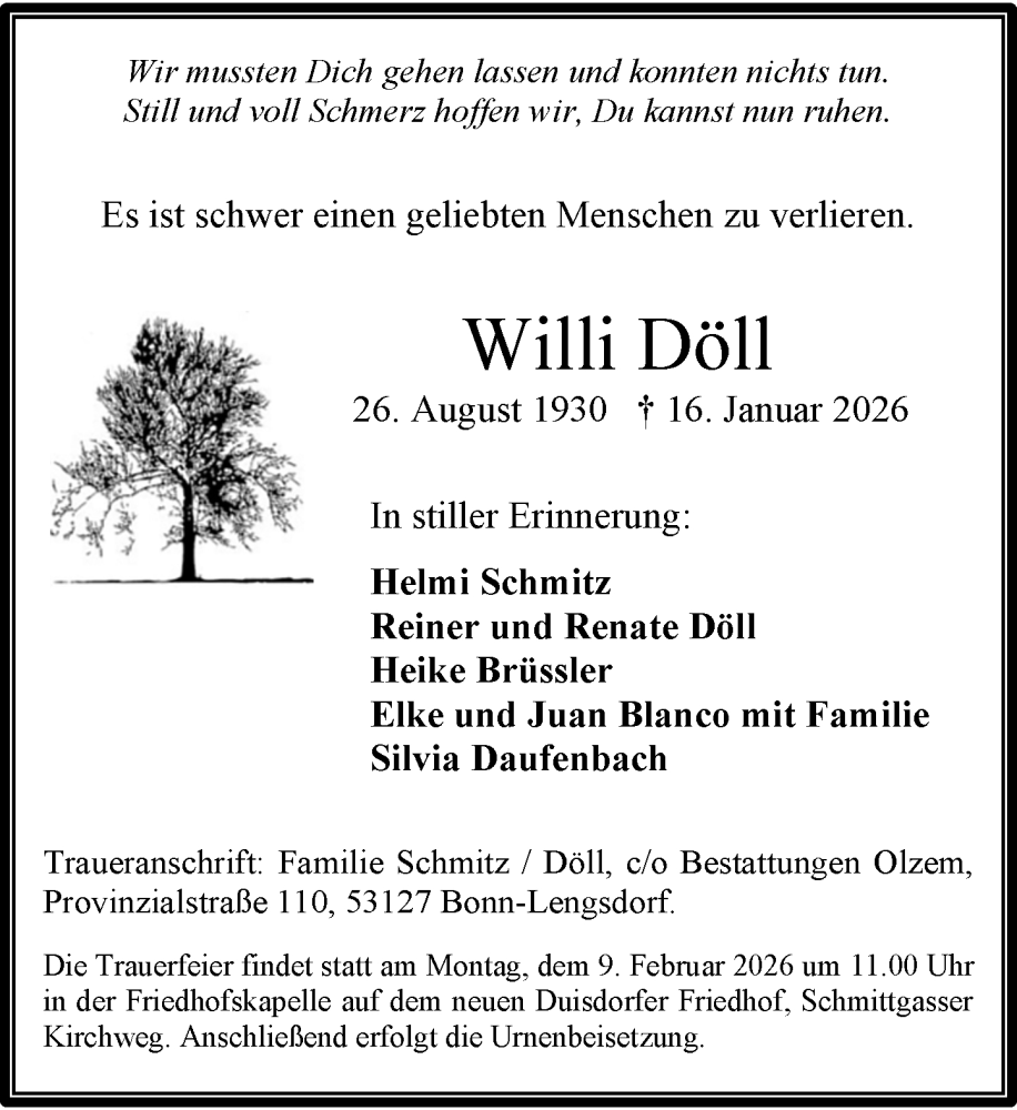  Traueranzeige für Willi Döll vom 31.01.2026 aus General-Anzeiger Bonn