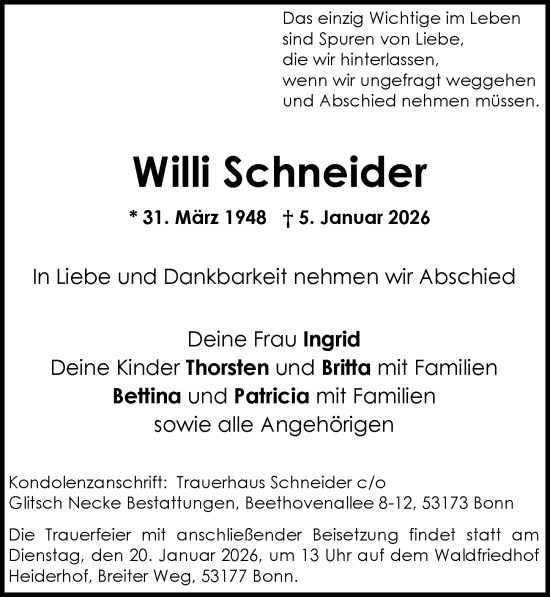 Anzeige von Willi Schneider von General-Anzeiger Bonn