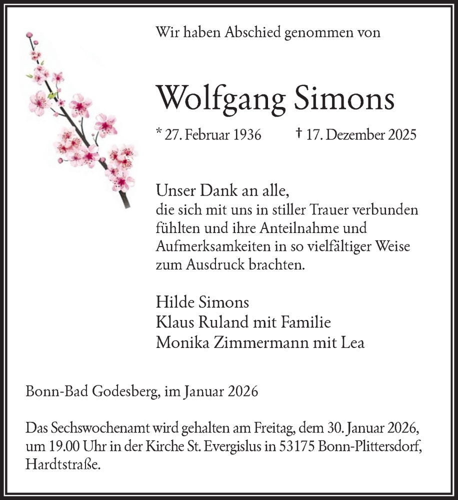  Traueranzeige für Wolfgang Simons vom 17.01.2026 aus General-Anzeiger Bonn