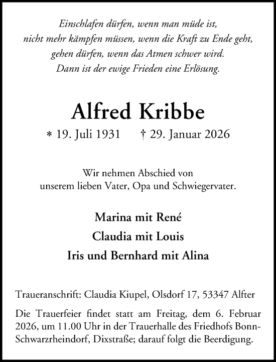 Anzeige von Alfred Kribbe von General-Anzeiger Bonn