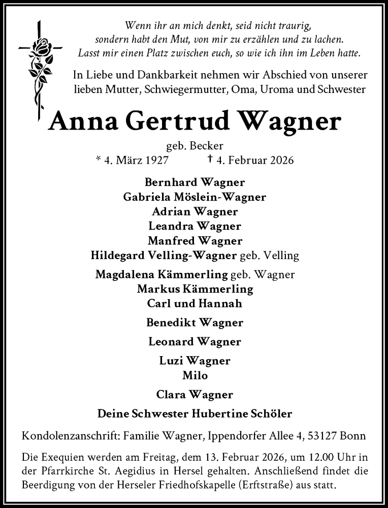  Traueranzeige für Anna Gertrud Wagner vom 11.02.2026 aus General-Anzeiger Bonn