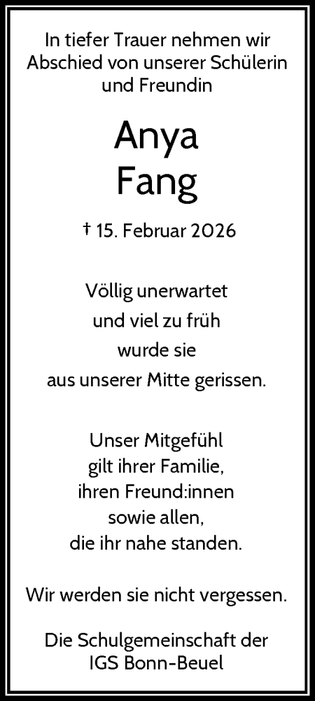  Traueranzeige für Anya Fang vom 21.02.2026 aus General-Anzeiger Bonn