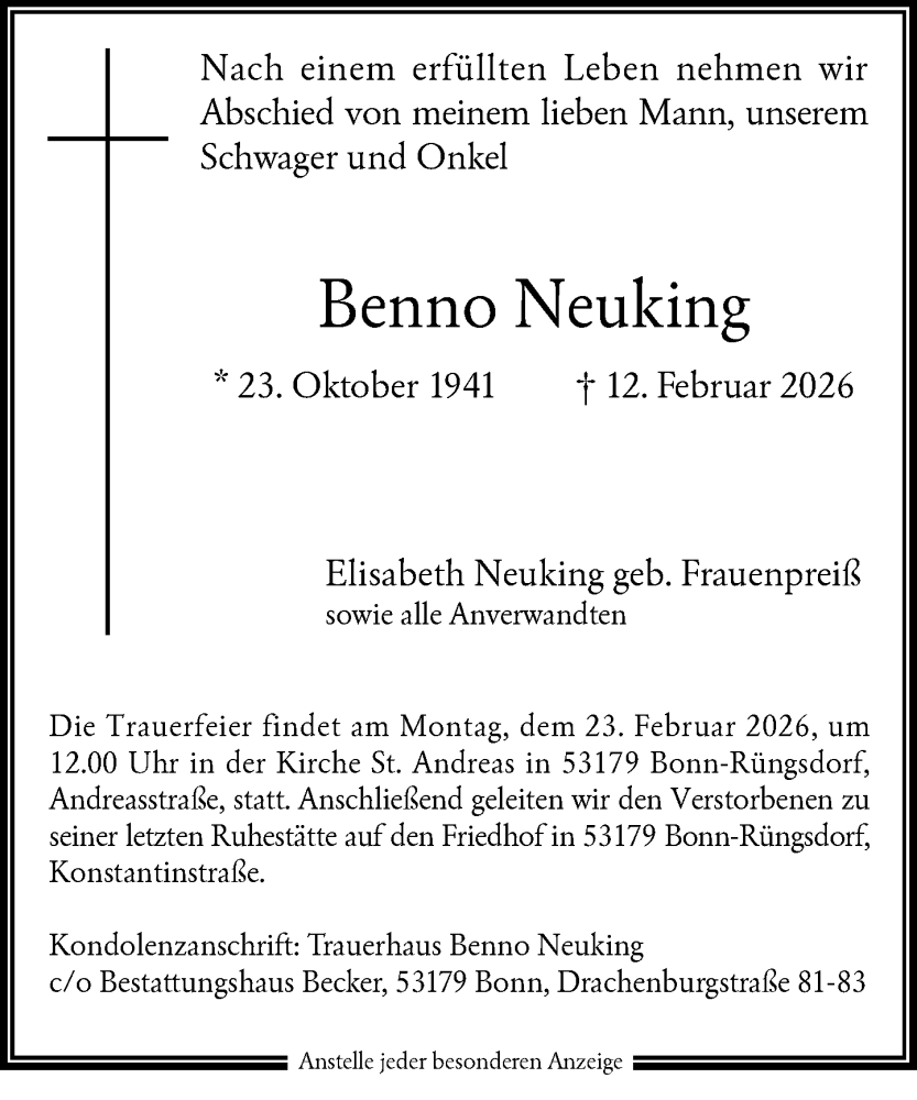 Traueranzeige für Benno Neuking vom 21.02.2026 aus General-Anzeiger Bonn