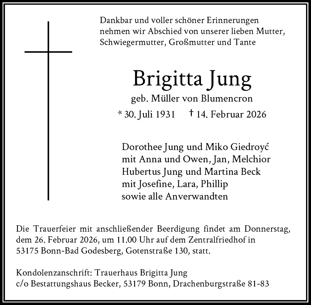  Traueranzeige für Brigitta Jung vom 21.02.2026 aus General-Anzeiger Bonn