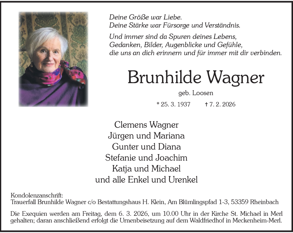  Traueranzeige für Brunhilde Wagner vom 14.02.2026 aus General-Anzeiger Bonn