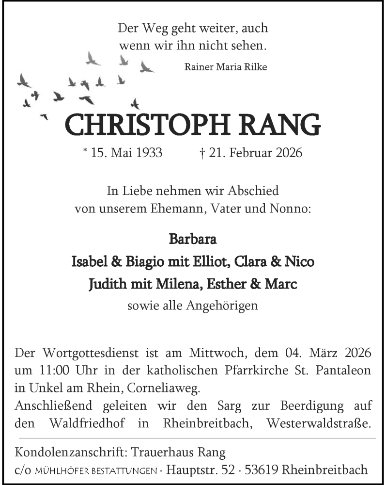  Traueranzeige für Christoph Rang vom 28.02.2026 aus General-Anzeiger Bonn