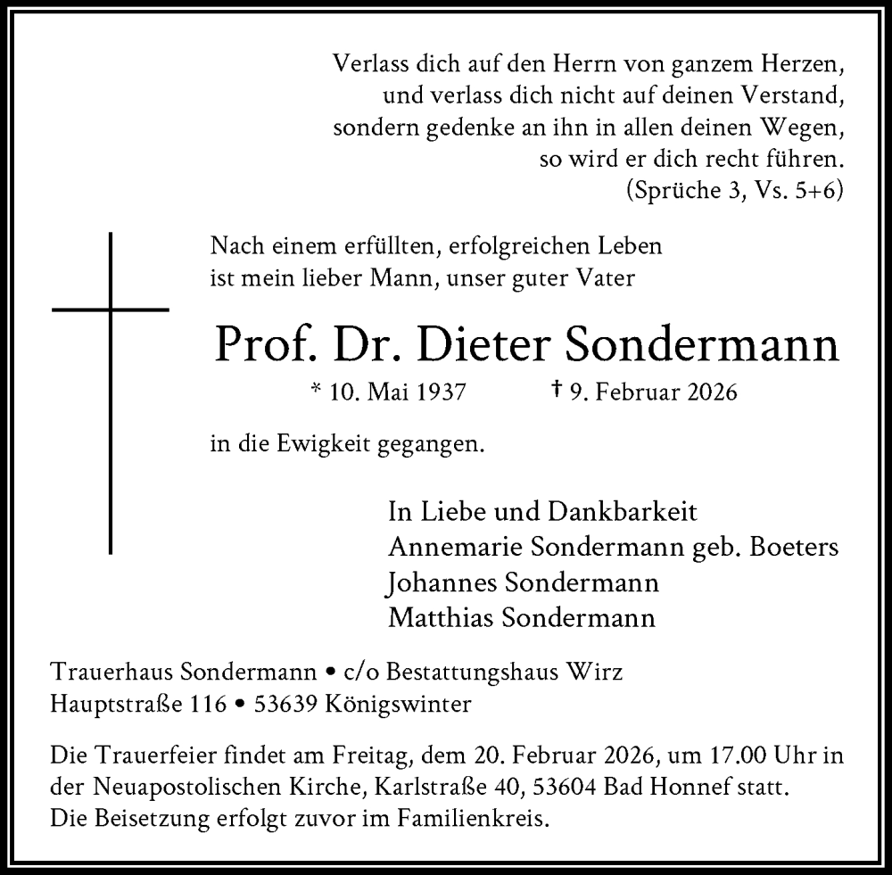  Traueranzeige für Dieter Sondermann vom 14.02.2026 aus General-Anzeiger Bonn