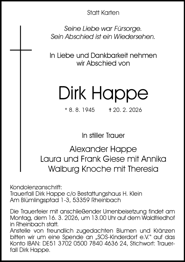  Traueranzeige für Dirk Happe vom 28.02.2026 aus General-Anzeiger Bonn