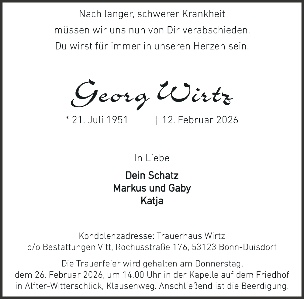  Traueranzeige für Georg Wirtz vom 21.02.2026 aus General-Anzeiger Bonn
