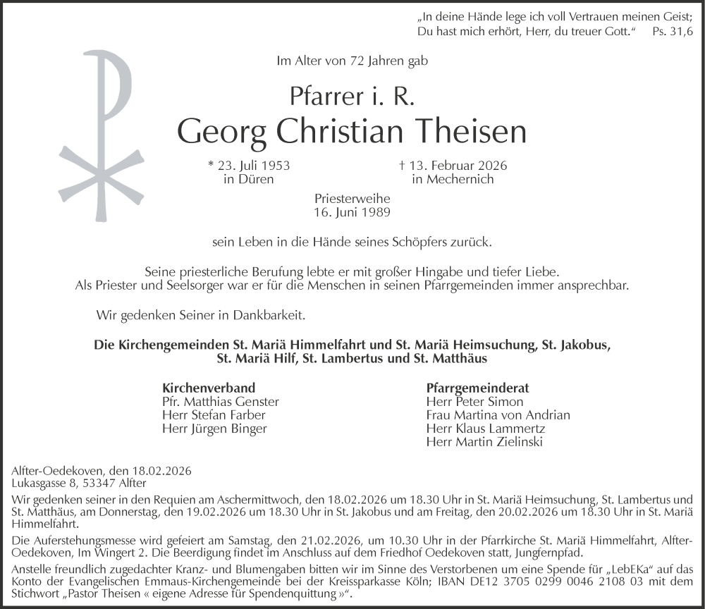  Traueranzeige für Georg Christian Theisen vom 18.02.2026 aus General-Anzeiger Bonn