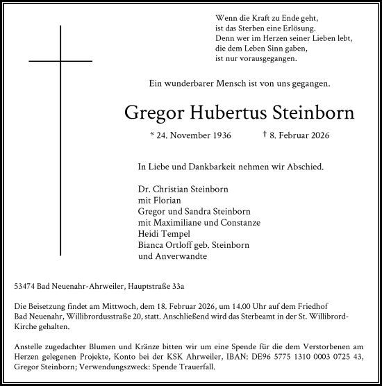 Anzeige von Gregor Hubertus Steinborn von General-Anzeiger Bonn