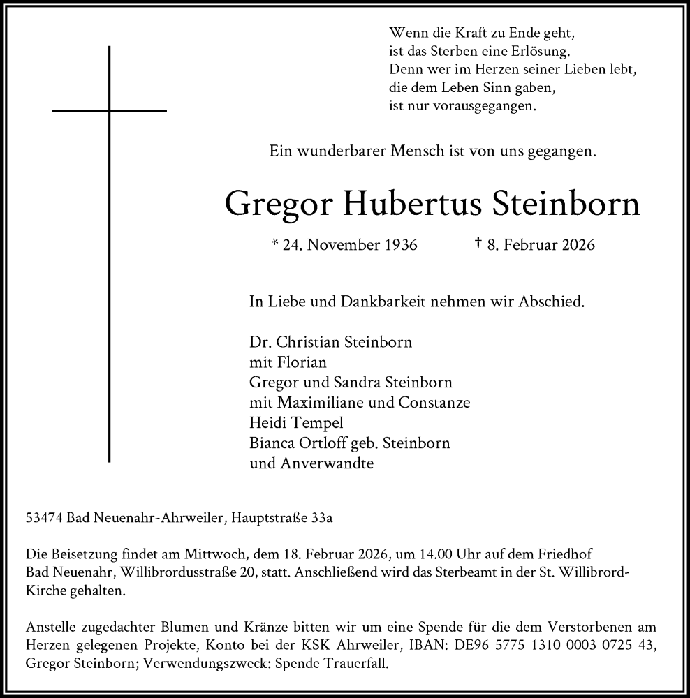  Traueranzeige für Gregor Hubertus Steinborn vom 14.02.2026 aus General-Anzeiger Bonn