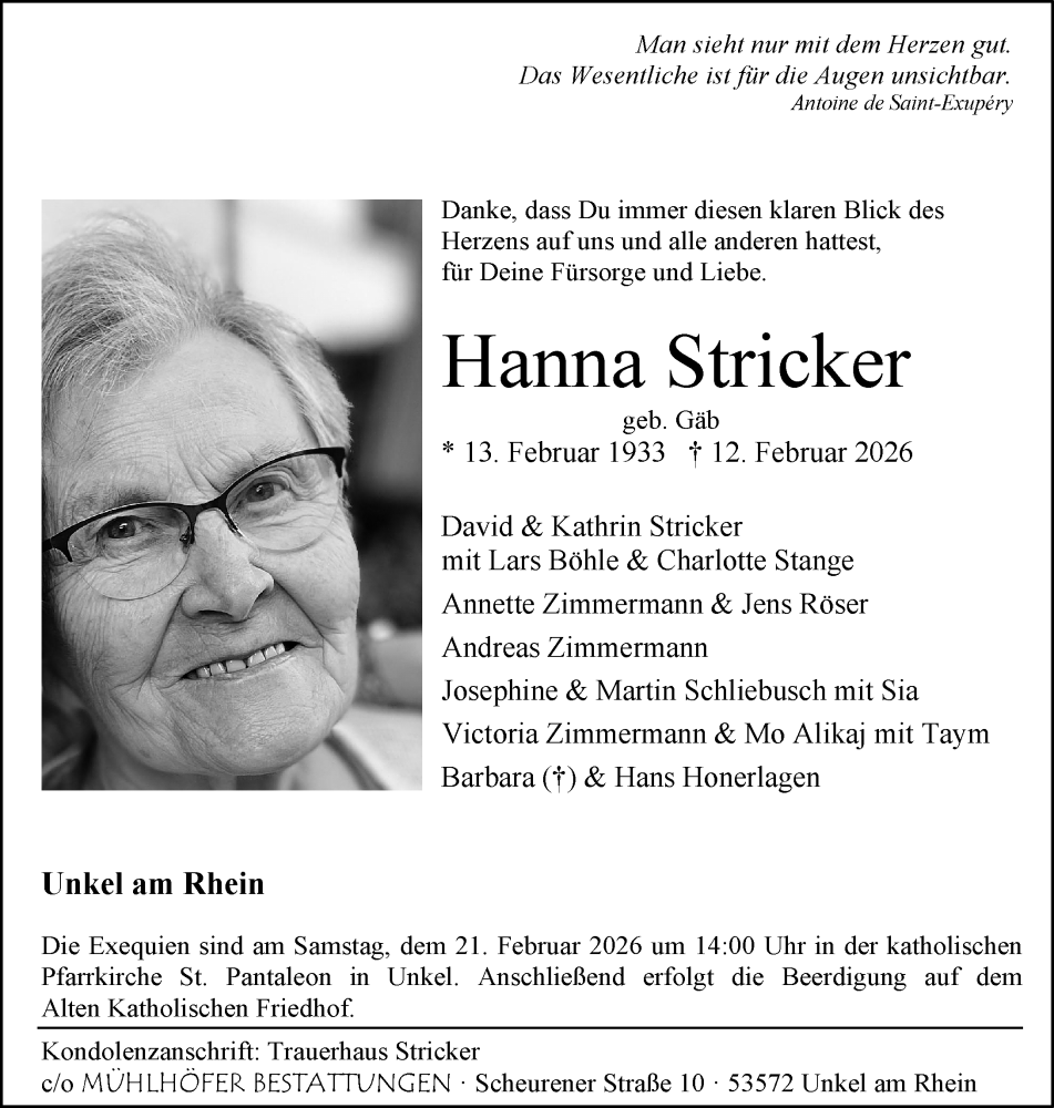  Traueranzeige für Hanna Stricker vom 18.02.2026 aus General-Anzeiger Bonn